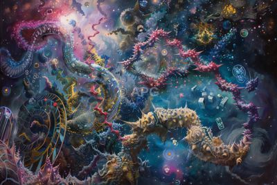 Kosmische Opaleszenz: Abstrakte Galaxie mit biolumineszenten Strukturen